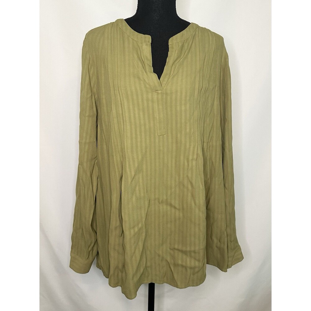 J. Jill Pintucked Pleated Green Split Neck Blouse Tunic Top Women's SMALL